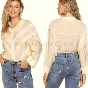 Spring Yellow Long Sleeve Button Down Ruffle Top